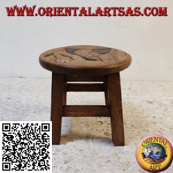 Taburete bajo en madera de suar con elefante grabado pintado a mano