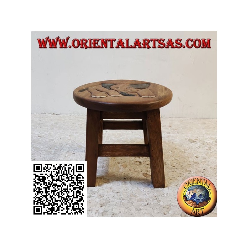 Tabouret bas en bois de suar avec éléphant gravé peint à la main