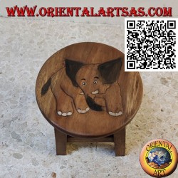 Taburete bajo en madera de suar con elefante grabado pintado a mano