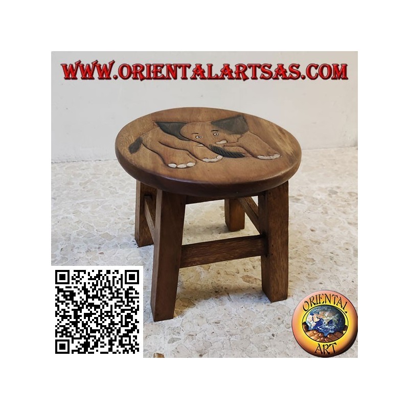 Low stool in suar wood with hand painted engraved elephant