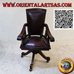 Büro-Sessel aus Teakholz mit gepolstertem Sitz und Rücken mit Leder und Rädern