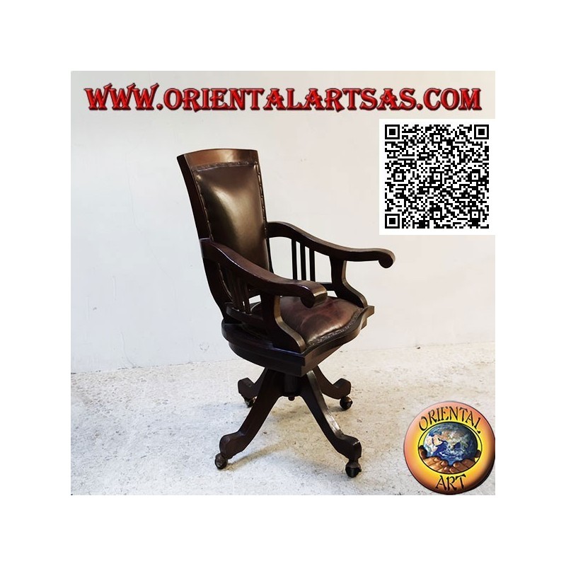 Poltrona da ufficio in legno di teak con seduta e schienale imbottito rivestito in pelle e rotelle