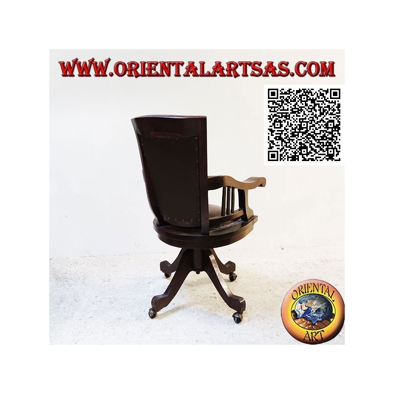 Office armchair in teak wood with upholstered seat and back upholstered in leather and wheels