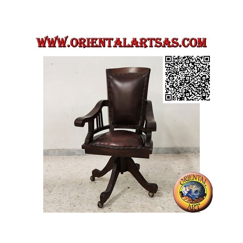 Office armchair in teak wood with upholstered seat and back upholstered in leather and wheels
