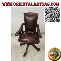Office armchair in teak wood with upholstered seat and back upholstered in leather and wheels