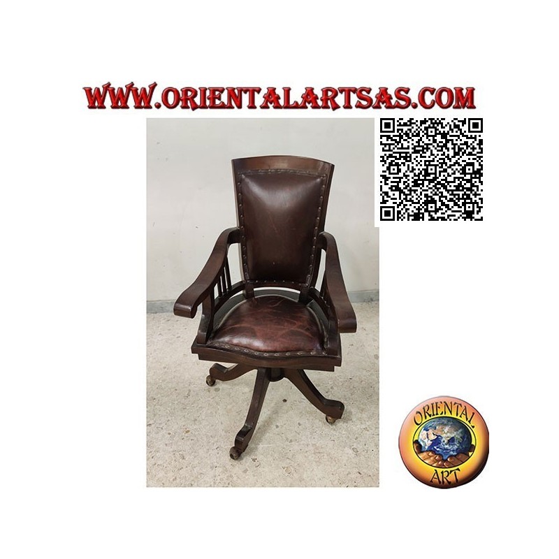 Office armchair in teak wood with upholstered seat and back upholstered in leather and wheels