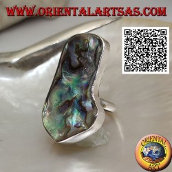 Silver ring with large irregular paua shell (abalone) on a simple band