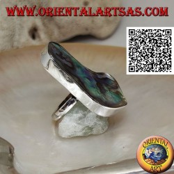 Silver ring with large irregular paua shell (abalone) on a simple band