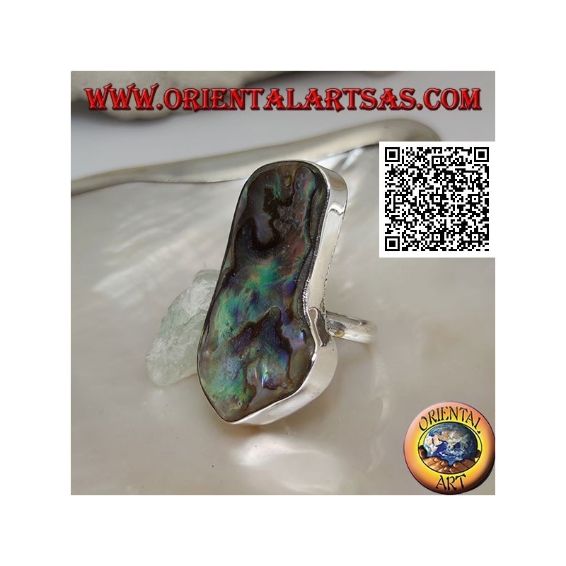 Anello in argento con grande paua shell (abalone) irregolare su semplice fedina