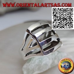 Bague en argent perforée convexe rectangulaire lisse avec quatre bandes