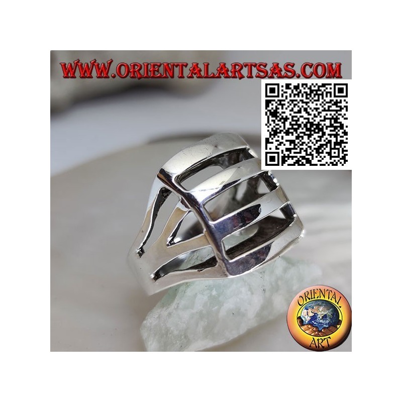Bague en argent perforée convexe rectangulaire lisse avec quatre bandes