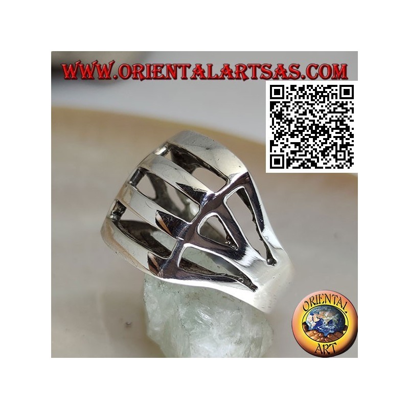 Anillo de plata perforado convexo rectangular liso con cuatro bandas