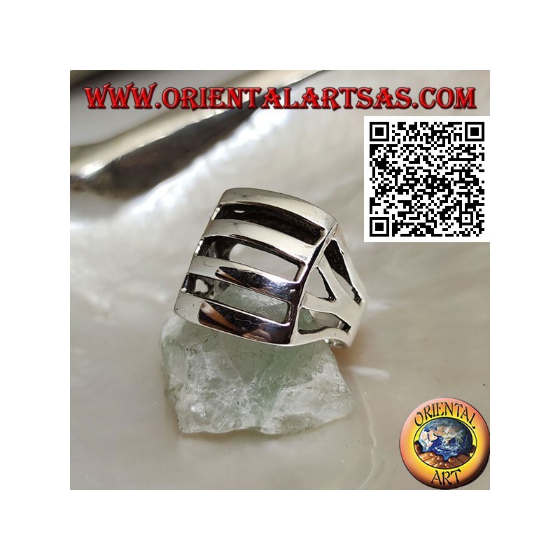 Bague en argent perforée convexe rectangulaire lisse avec quatre bandes