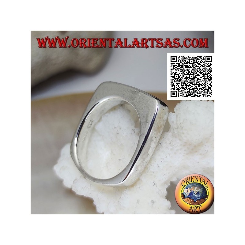 Silver ring with narrow rectangular onyx flush with the edge on a thick smooth frame