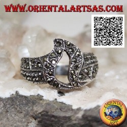 Silver band ring with central pierced flame studded with marcasite