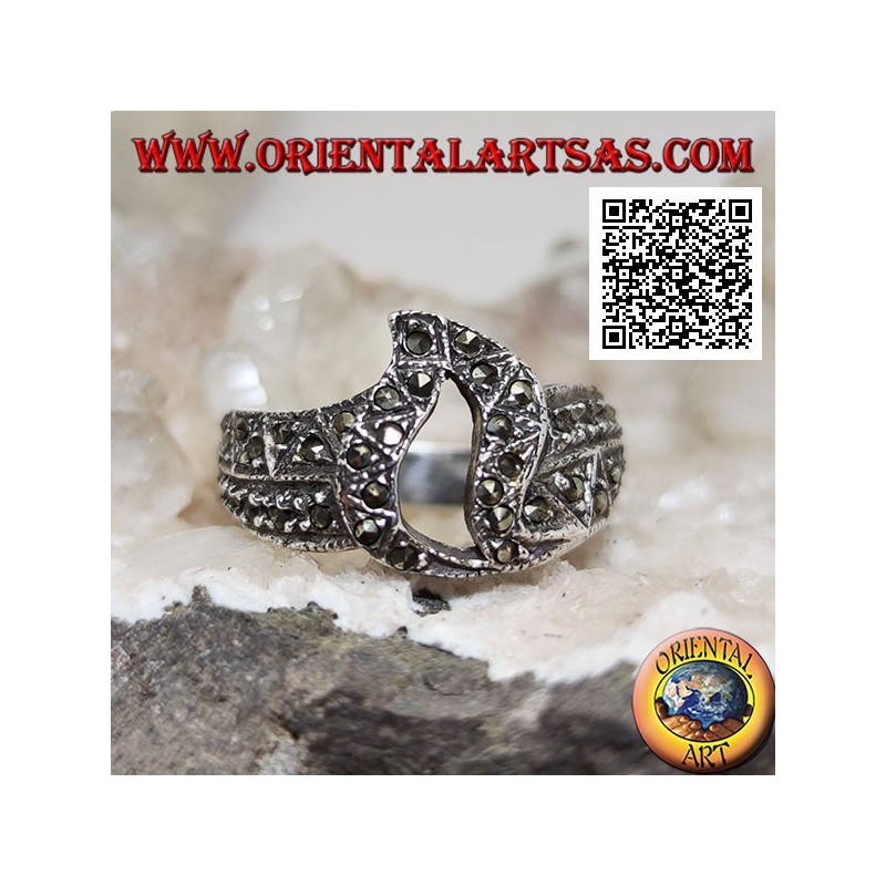 Silver band ring with central pierced flame studded with marcasite
