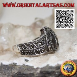 Silver band ring with central pierced flame studded with marcasite