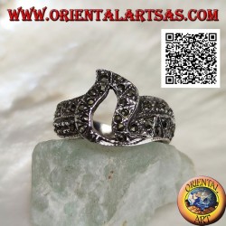 Silver band ring with central pierced flame studded with marcasite