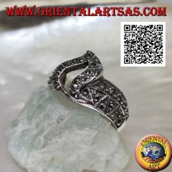 Silver band ring with central pierced flame studded with marcasite