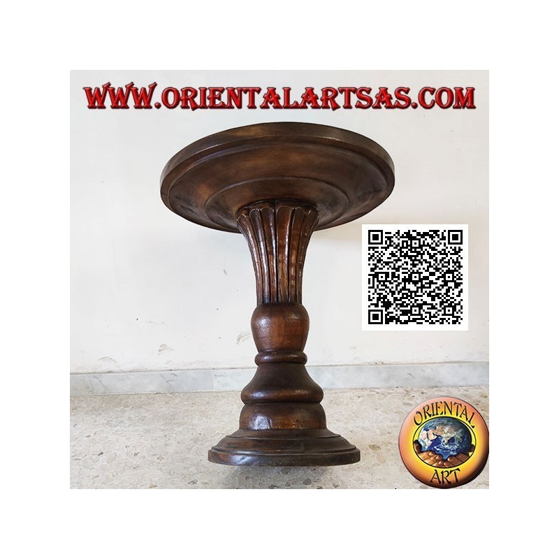 Mesa de centro redonda con base central cónica floreciente tallada a mano en madera de teca (72 cm)
