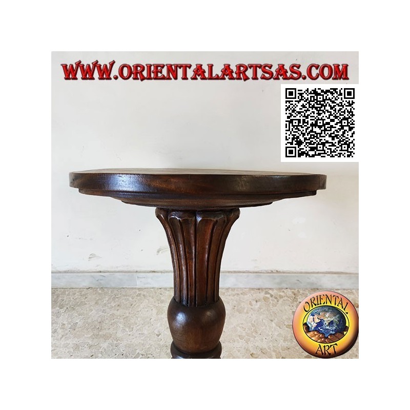 Round coffee table with blossoming conical central base hand carved in teak wood (72 cm)