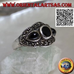Silver ring with round onyx between onyx drops surrounded by marcasite
