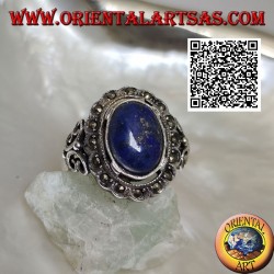 Silver ring with oval cabochon lapis lazuli surrounded by marcasite and perforated butterfly on the sides