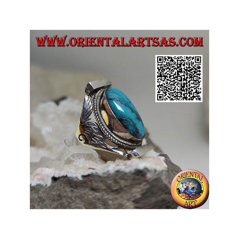 Silver ring with oval turquoise surrounded by interlacing on Nepalese setting and engravings on the sides