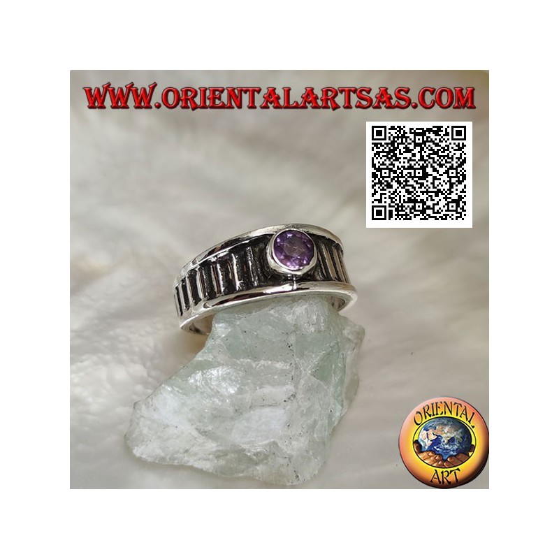 Silver ring with natural round amethyst on vertical striped frame