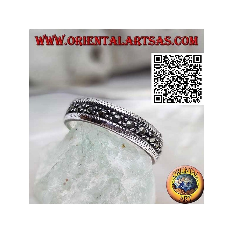 Silver ring half studded with marcasite