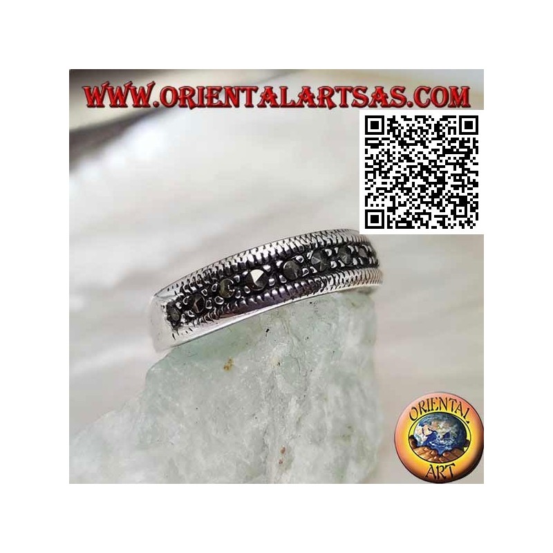 Silver ring half studded with marcasite