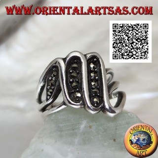 Triple S silver ring to form three segments studded with marcasite