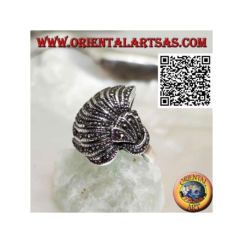 Silver ring in a convex fan studded with marcasite