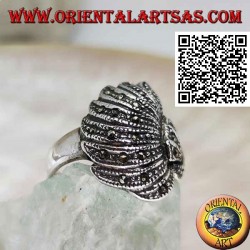 Silver ring in a convex fan studded with marcasite