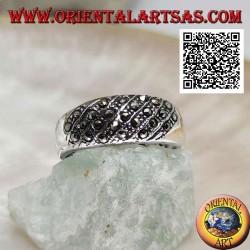 Wide band silver ring with marcasite oblique lines on the front
