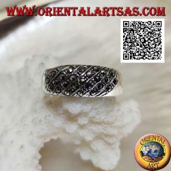 Wide band silver ring with marcasite oblique lines on the front