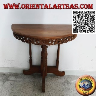 Half-moon console table with handcrafted teak wood openwork floral decoration