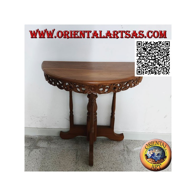Half-moon console table with handcrafted teak wood openwork floral decoration