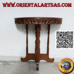 Table console demi-lune à décor floral ajouré en bois de teck artisanal