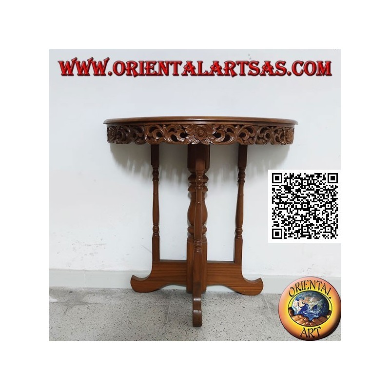 Table console demi-lune à décor floral ajouré en bois de teck artisanal