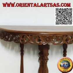 Half-moon console table with handcrafted teak wood openwork floral decoration