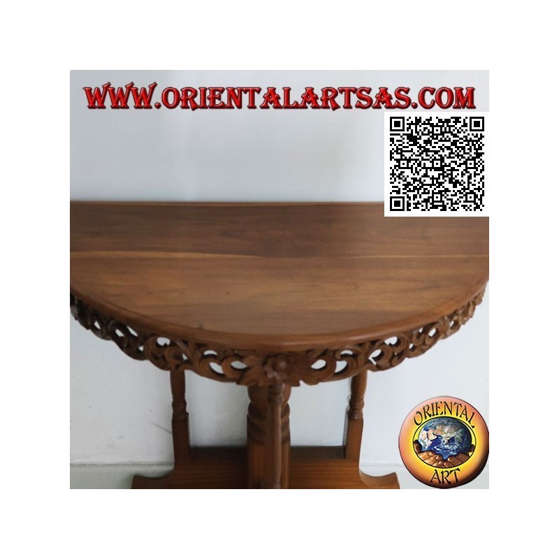 Table console demi-lune à décor floral ajouré en bois de teck artisanal
