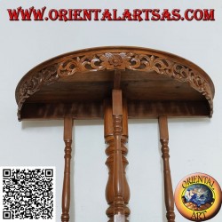 Table console demi-lune à décor floral ajouré en bois de teck artisanal