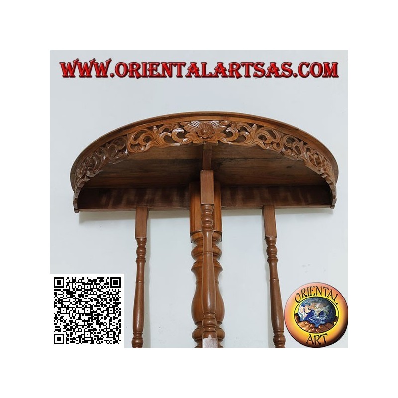 Table console demi-lune à décor floral ajouré en bois de teck artisanal