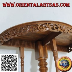 Table console demi-lune à décor floral ajouré en bois de teck artisanal