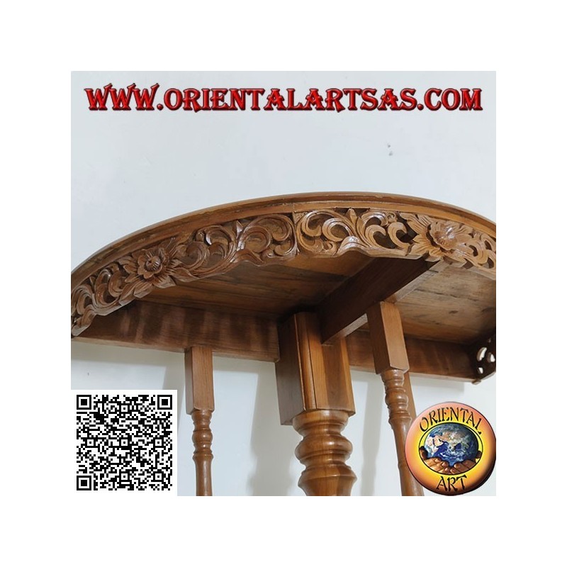 Table console demi-lune à décor floral ajouré en bois de teck artisanal