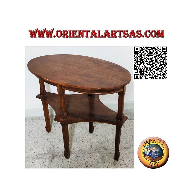 Oval two-tier coffee table in handmade teak wood (77cm x 47cm)
