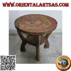 Low round coffee table in suar wood with hand painted engraved sun