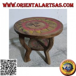 Low round coffee table in suar wood with hand painted engraved sun