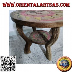 Low round coffee table in suar wood with hand painted engraved sun